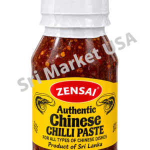 Bottle of Zensai Authentic Chinese Chilli Paste with white cap and yellow label, product of Sri Lanka, visible chili paste inside.