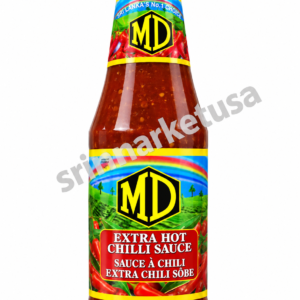 MD brand extra hot chilli sauce bottle with red label, colorful artwork, and watermark across image