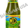 Bottle of MD Green Chilli Sauce with a bright yellow-green label and large MD logo front and center.