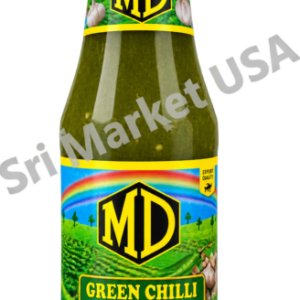 Bottle of MD Green Chilli Sauce with a bright yellow-green label and large MD logo front and center.