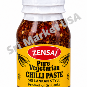 Bottle of Zensai Pure Vegetarian Chilli Paste Sri Lankan Style with a yellow label and white cap; glass bottle filled with chili flakes